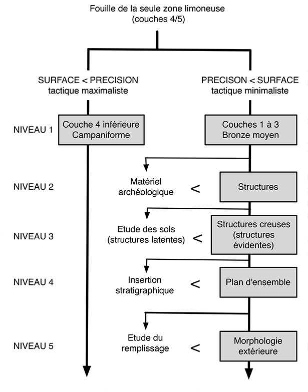 Fig. Programme tactique ayant guidé les fouilles de Rances. La zone occupée essentiellement par des habitats du Bronze moyen, très vaste, fait l'objet de choix stratégiques stricts réévalués chaque année, alors que la zone où se situe des vestiqges campanifoemes, d'extension plus limitée, est abordée selon une approche maximaliste. 