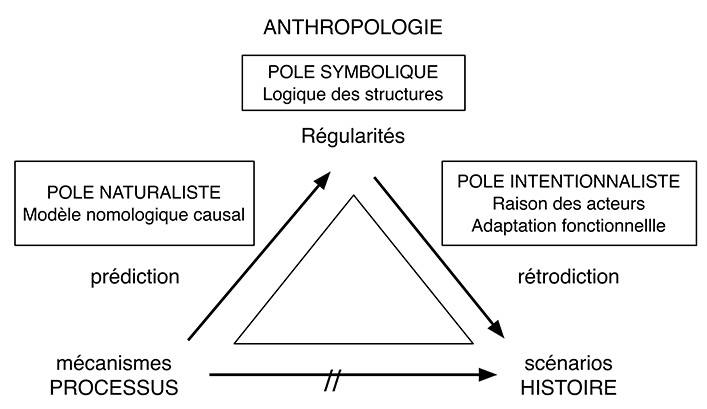 Figure. Position des trois pôles des sciences humaines par rapport à l’opposition entre science et histoire. Ce schéma permet d'intégrer les diverses modalités de l'interpréttion proposées en ethnologie, sociologie et en histoire avec par exemple Durkheim pour le pôle naturaliste, Lévi-Strauss pour le pôle symbolique, Leroi-Gourhan et Malinowski pour le pôle intentionnaliste-fonctionnaliste. 