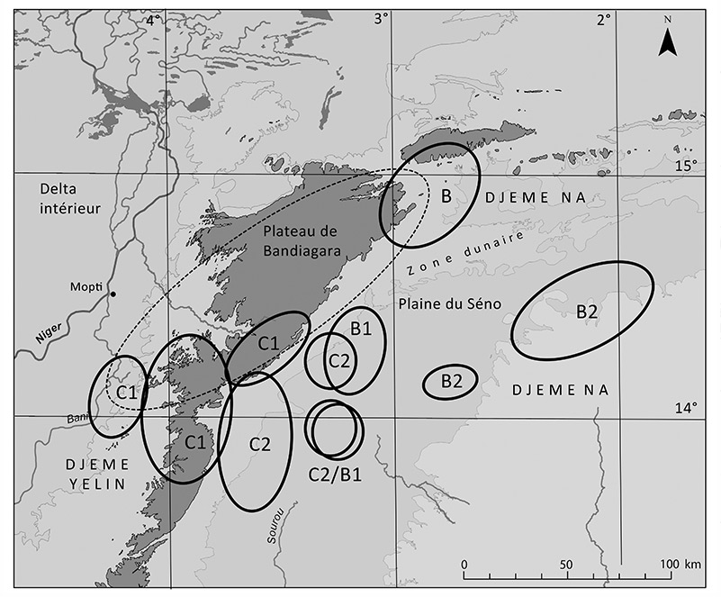 Fig. Localisation des traditions céramiques liées à la plaine du Séno. Les zones de production des potières Jèmè na (tradition B1) et Jèmè yélin/Dafi (tradition C2) se recoupent dans la partie centrale de la plaine du Séno. Tirets : zone occupée par la tradition A (femmes d’agriculteurs) et D (femmes des forgerons Jèmè irin). 