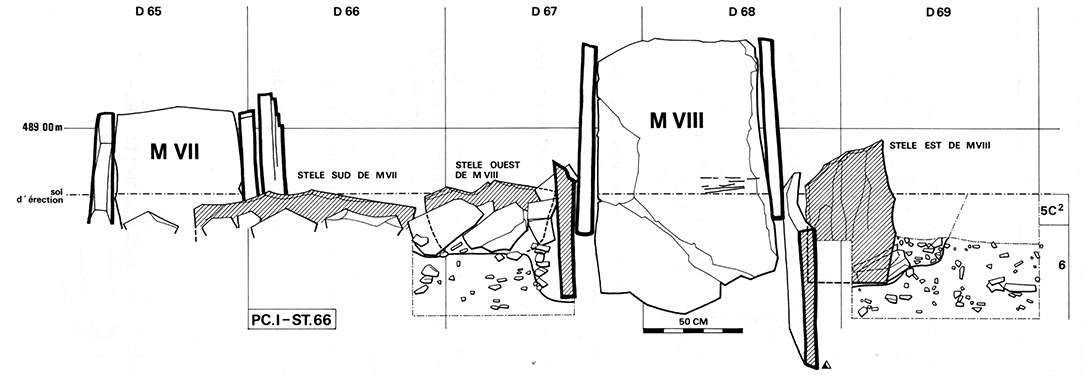 Figure. Bases de stèles en place en relation avec deux monuments tardifs d'époque campaniforme. 