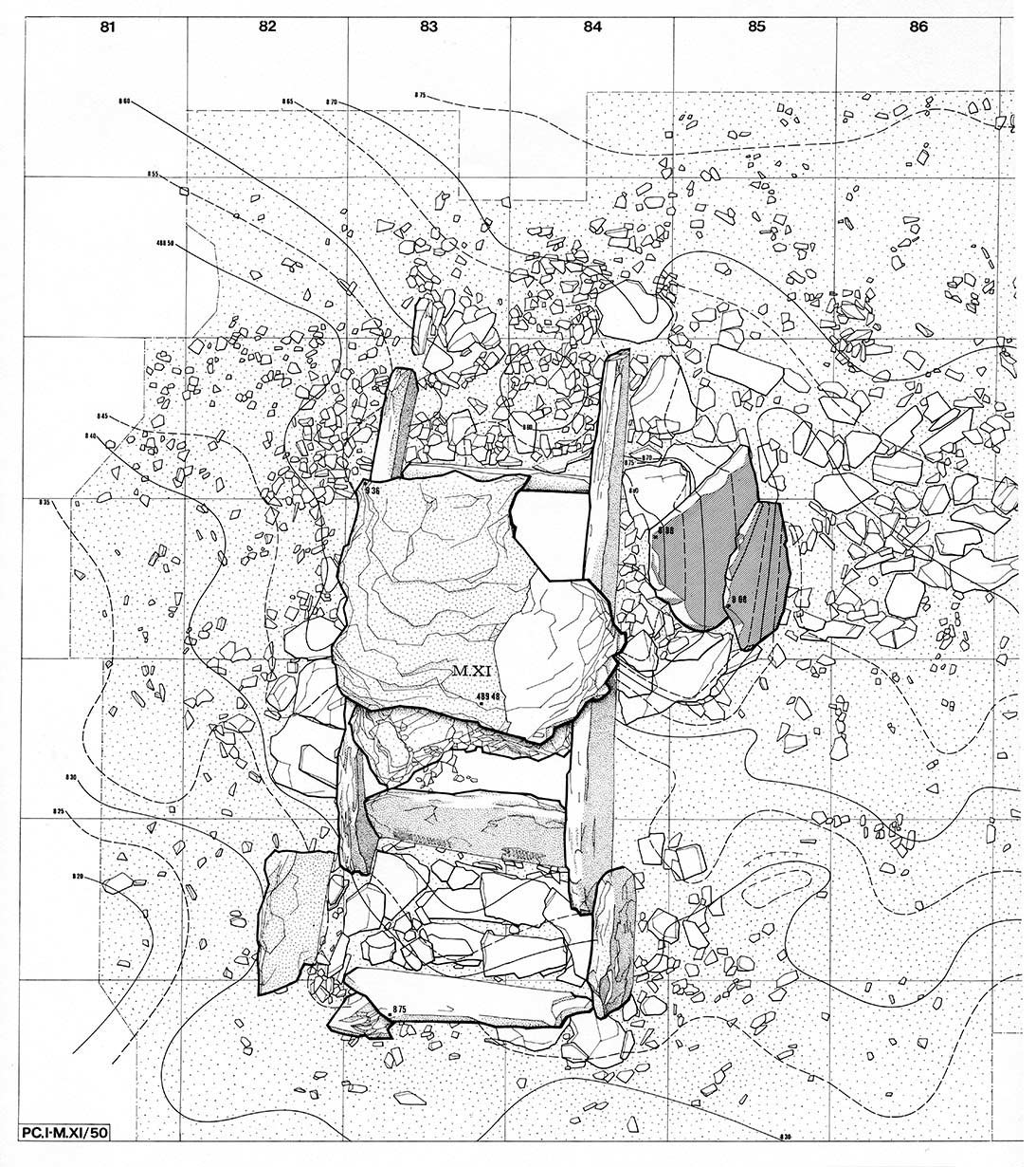 Relevé du dolmen MXI, fouilles 1972-73