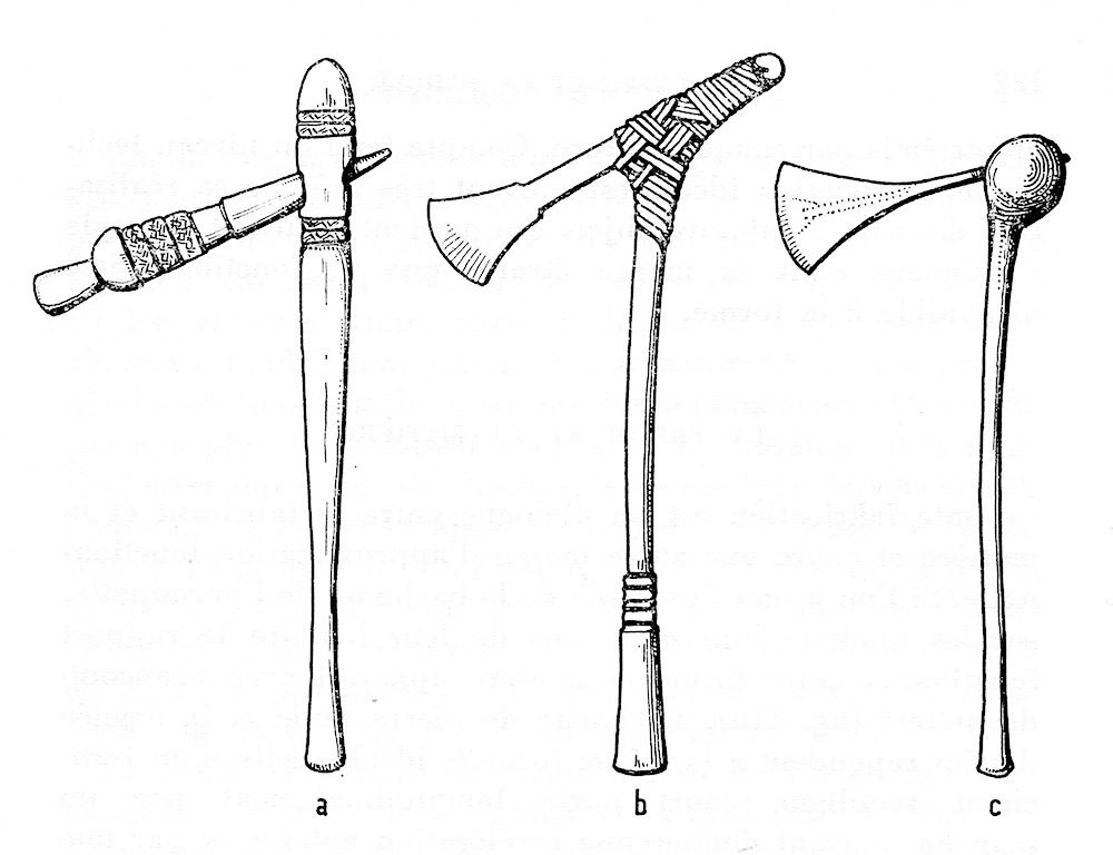 Fig. 9. Degrés de faits. Haches de Nouvelle Guinée, de Bornéo, et de Rhodésie. D’après Leroi-Gourhan 1965, fig. 110 a à c