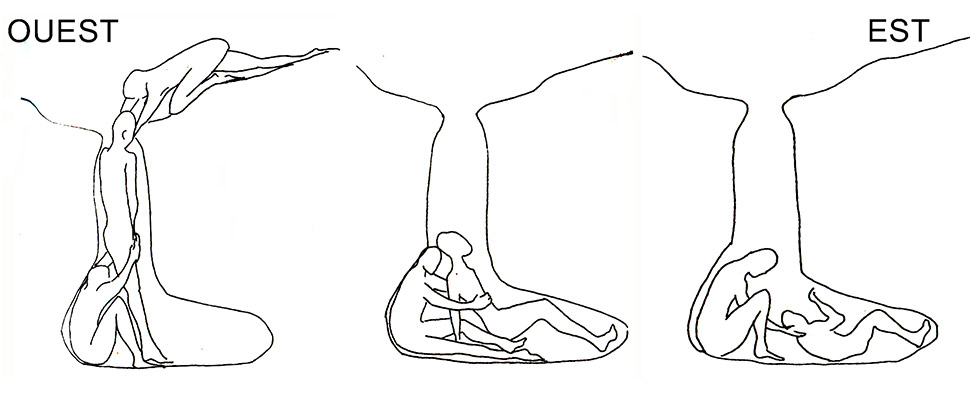 Fig. 3. Dépôt du corps du défunt dans la tombe. Croquis Dominique Sewane. Sewane 2003, p.216, 217 et 218. Schémas inversés par rapport à la publication pour être conformes à l'orientation.