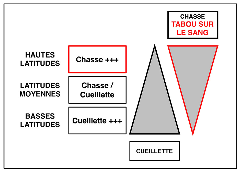 Fig. 2. Importance relative du tabou sur le sang selon les latitudes. Schéma Alain Gallay.