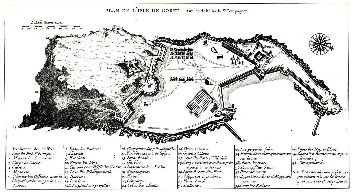 Plan de l'île de Gorée, une des plateforme du commerce atlantiqe des esclaves en 1677.