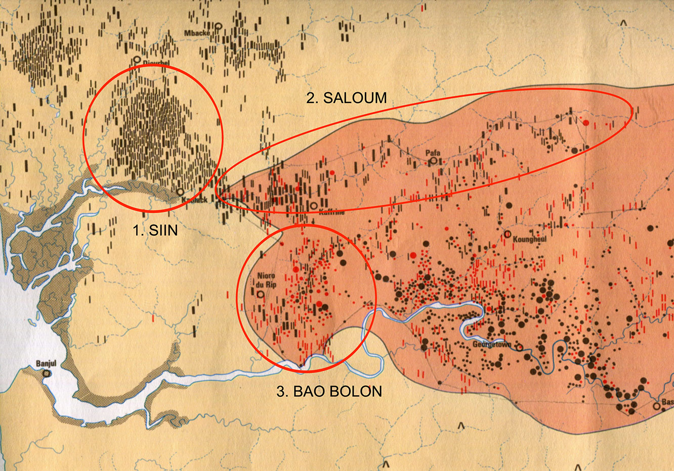 Fig. 2. Carte de la partie occidentale de l’aire mégalithique sénégambienne. 1. Bassin du Siin, tumulus de sable. 2, Bassin du Saalum, tumulus à pierres frontales dominant. 3. Bao Bolon : cercles et tumulus à pierres frontales. D’après l'Atlas national de Sénégal.