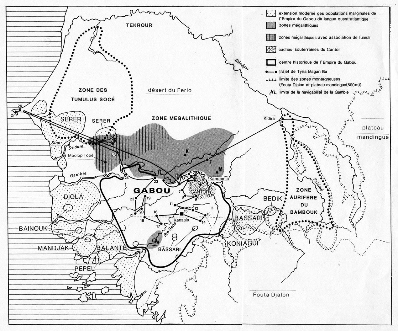 Fig.6. Carte de l’empire malinké du Gabou au sud de la Gambie et trajet suivi par Tyira Magan Ba (Carte établie d’après Girard 1992).