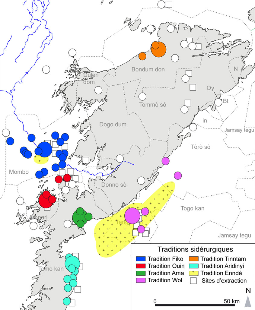 Fig. Carte des traditions sidérurgiques selon les travaux de Caroline Robbion-Brunner. Conférence donnée à la Société des Africanistes de Paris, Musée du Quai Branly, 19 mai 2011.