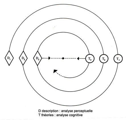 Fig. 1. Relations between perceptual analysis D (description) and cognitive analysis T (theory) (Gardin 1970, p. 373).