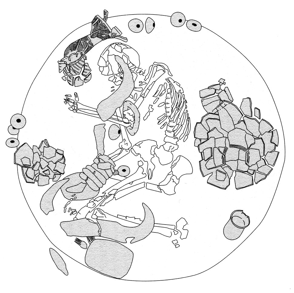  Fig. 11. Kadruka. Sépulture d’un homme d’une quarantaine d’année vers 4200 BCE localisée au centre du cimetière. Elle contenait 9 têtes de massues, 7 bracelets et deux peignes en ivoire d’hippopotame, 5 céramiques dont deux vases caliciformes, une palette à fard, une statuette féminine en grès et deux bucrânes (Honegger 2014, p. 40, d’après Reinold 2000).