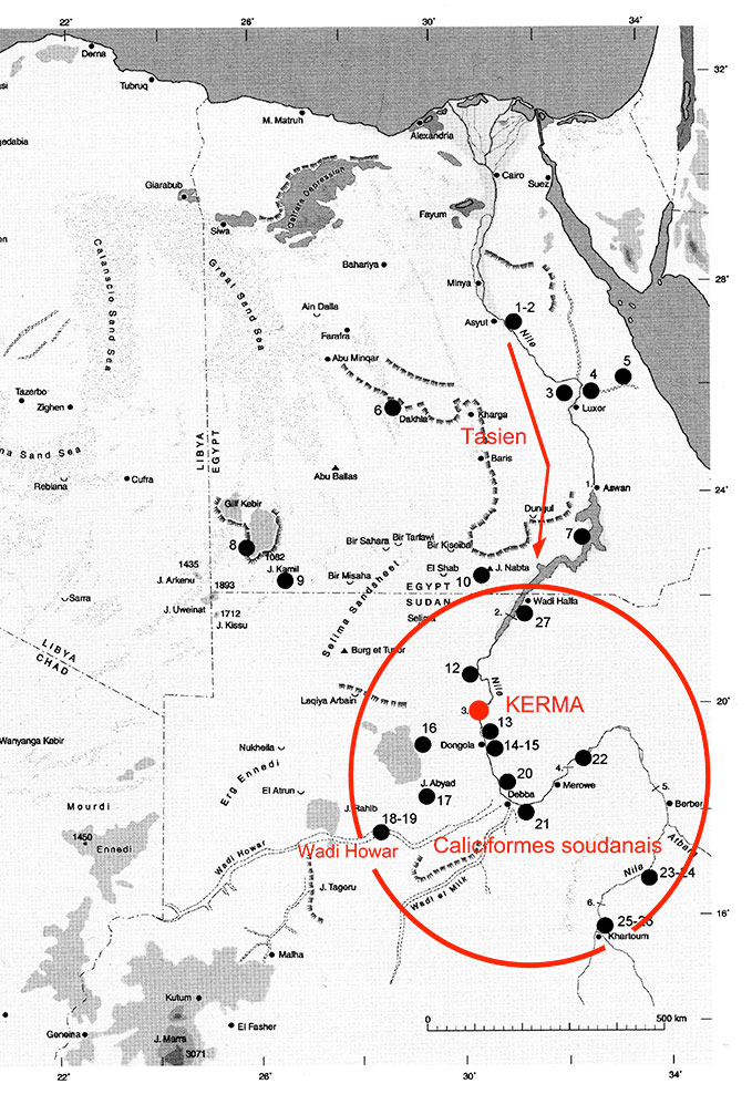  Fig. 13. Répartition des vases caliciformes (Jesse 2007, fig. 1) et surlignage en rouge Alain Gallay. La ville de Kerma peut être considérée comme l’aboutissement de l’évolution initiée dans la zone de diffusion de la céramique caliciforme.