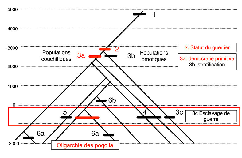 Fig. 11. Essai de représentation de la société konso telle que présentée par Jensen. Le schéma prend pour hypothèse (non attestée ?) une transmission patrilinéaire directe du titre de Poqolla de père à fils aîné (flèches épaisses). Schéma Alain Gallay.