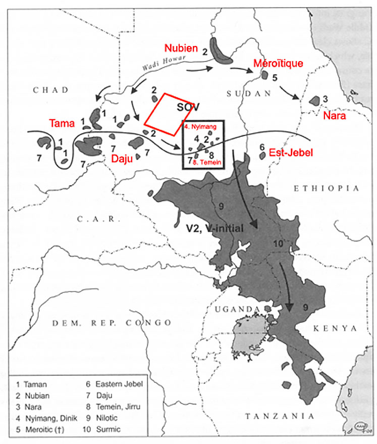 Fig. 2. Diaspora des populations du Wadi Howar. Ligne horizontale : séparation géographique entre le Soudanique oriental nord et le Soudanique oriental sud. Cadre noir : Monts Nuba dont l’extrême diversité linguistique révèle une zone refuge. Cadre rouge : zone prospectée. Carte Dimmendaal 1984, p. 342.