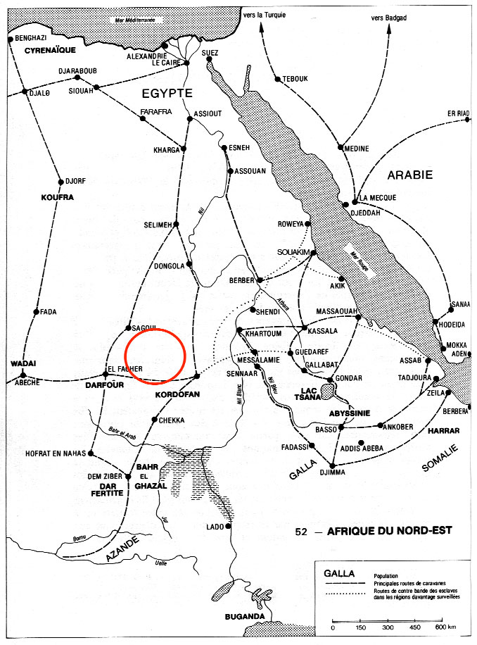  Fig. 10. Carte des routes commerciales acheminant les esclaves en direction du Caire. Cercle rouge : zone des tumulus à entourage quadrangulaire (Renault, Daget 1985, p. 176).