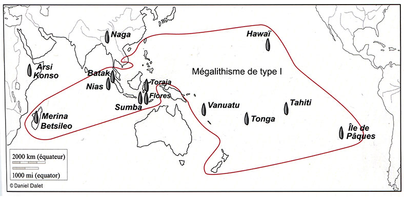 Fig. 5. Sociétés à mégalithes actuelles et subactuelles et aire de répartition des langues austronésiennes (CJ1, fig. 11). Fig. 5. Sociétés à mégalithes actuelles et subactuelles et aire de répartition des langues austronésiennes (CJ1, fig. 11).