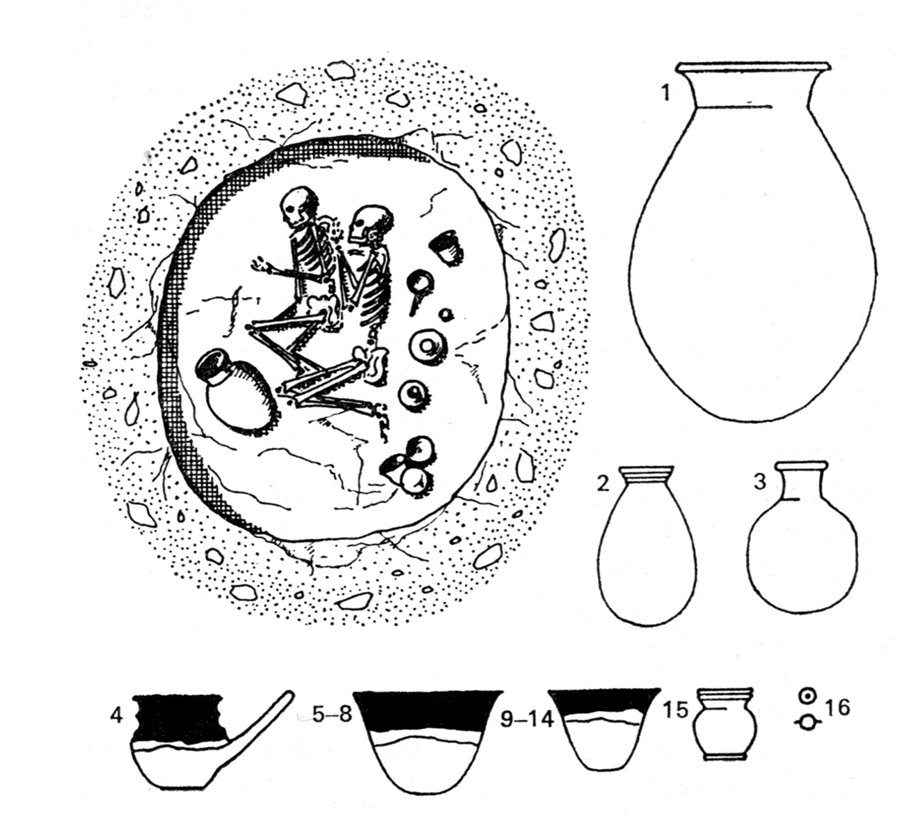 Fig. 3. Exemple de tombe Kerma et offrande de poteries. Adams 1977, fig. 29.