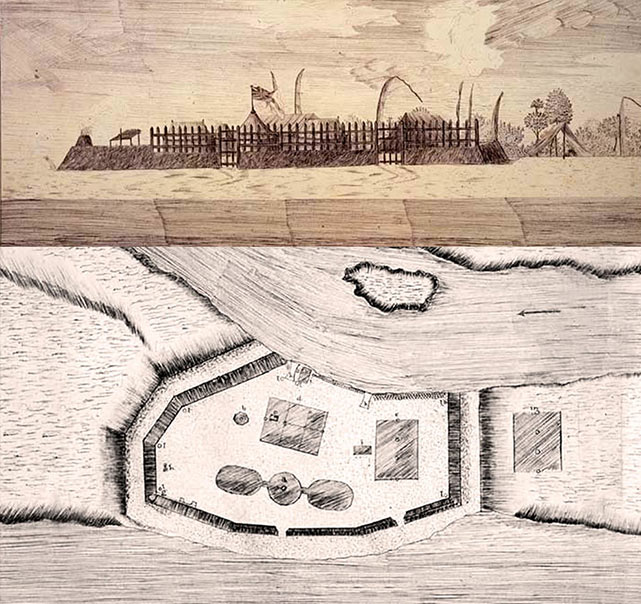 Fig. 10. Le fort établi par Cook à la Pointe Vénus, une construction prise pour un marae par les Polynésiens (http://www.captcook-ne.co.uk/ccne/themes/venus.htm). 