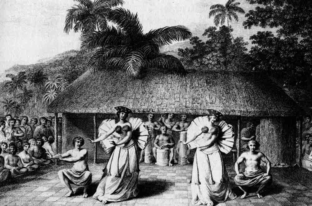  Fig. 11. Une des premières représentations de danses tahitiennes encore proches de la réalité. Les deux femmes portent des collerettes plissées de tapa. Danse observée par les Anglais (Webber 3ème voyage de Cook). (Tcherkézoff, p. 517).