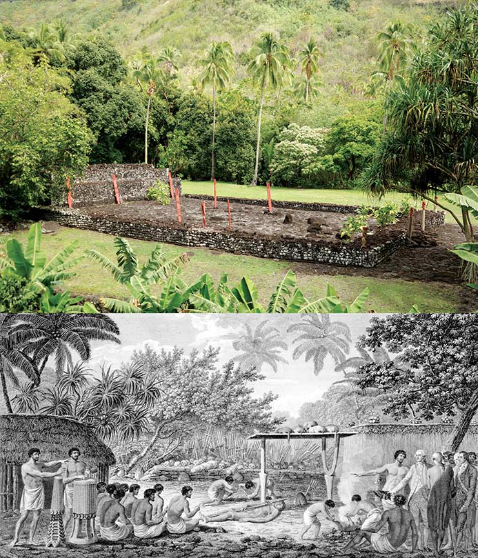 Fig. 18. En haut : un marae restauré dédié au dieu de la guerre Oro (https://welcome-tahiti.com/fr/le-too-du-dieu-polynesien-oro-ambassadeur-de-tahiti-a-new-york/). 