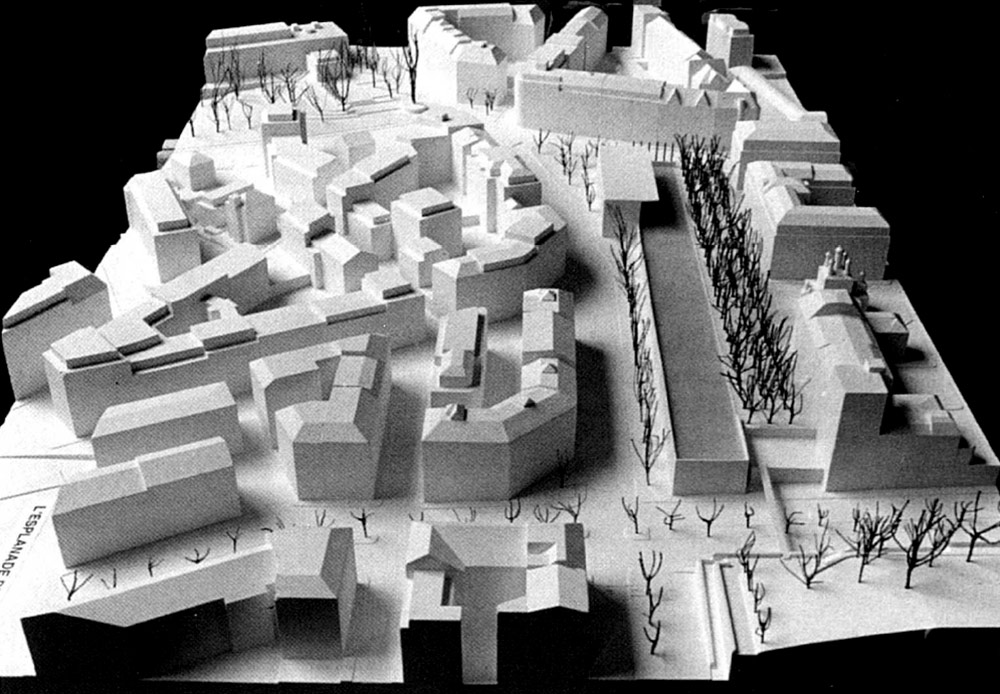 Fig. 1. Maquettes de premier projet de nouveau musée d’ethnographie « L’esplanade des mondes » à l’emplacement de la place Sturm, du Bureau lausannois de MM. Hunger, Monnerat et Petitpierre (Journal du Musée d’ethnographie de Genève, 19, 1997).