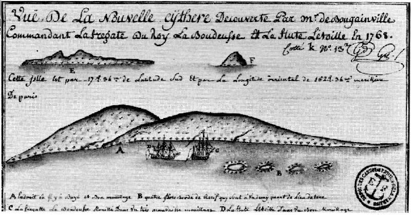 Fig. 3. Croquis du mouillage des deux vaisseaux de Bougainville La Boudeuse et l’Etoile en 1768. Manuscrit de Philibert Commerson http://www.tehoanotenunaa.com/2017/02/bougainville-a-tahiti.html.