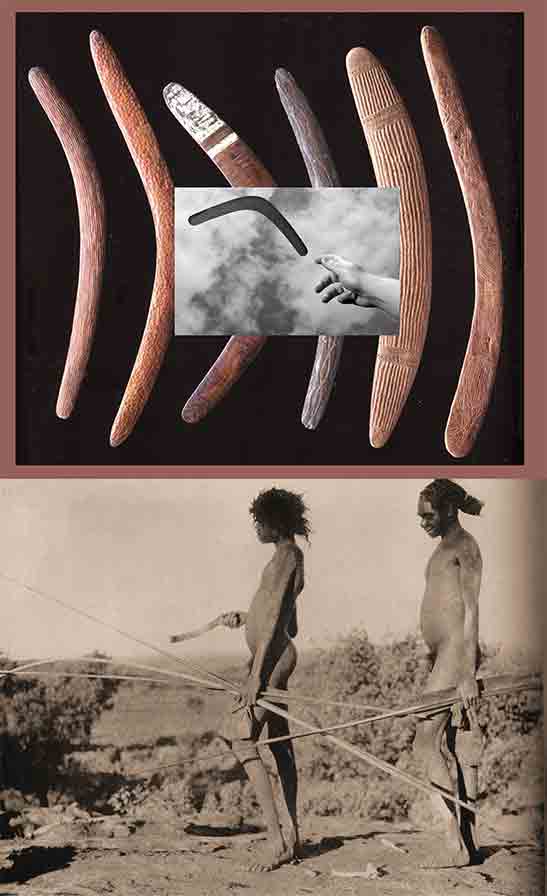 Fig. 3. Boomerangs (Colombo-Dougoud (éd.) 2017, p. 11) et deux chasseurs aborigènes avec ses armes évoquant deux stratégies de chasse distinctes : à gauche, avec boomerang et sagaies, à droite, avec propulseur et sagaies. (http://agoras.typepad.fr/.a/6a00d8341ce44553ef0120a7e34c7d970b-pi)