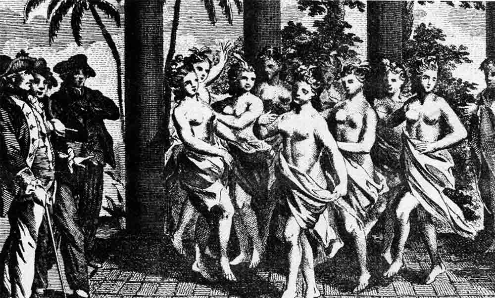 Fig. 5. Réception de Cook lors de son troisième voyage. Récit anonyme du troisième voyage, 1781. Le cliché des danses lascives de la Nouvelle Cythère est désormais installé (Tcherkézoff 2010).