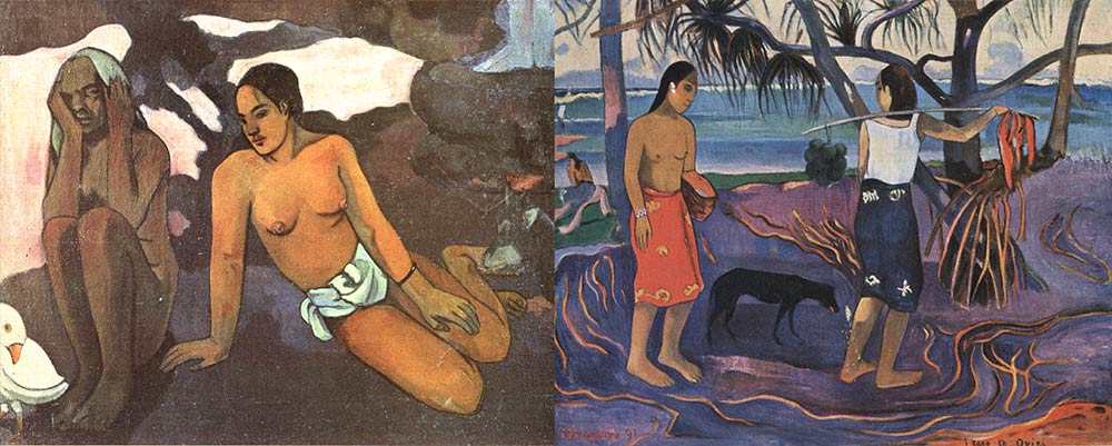 Fig. 7. Paul Gauguin : deux peintures de femmes de Tahiti. La scène de gauche est extraite de la grande toile en forme de testament spirituel « D’où venons nous ? Que sommes-nous ? Où allons nous », peinte en 1897 (de Estienne 1953).