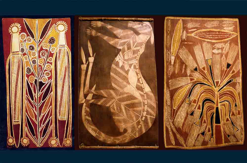 Fig. 7. Trois écorces peintes collectées par Karel Kupka pour le Musée des Arts d’Afrique et d’Océanie et vendues en 1995 (http://www.aaoarts.com/oceanie/expoc/).