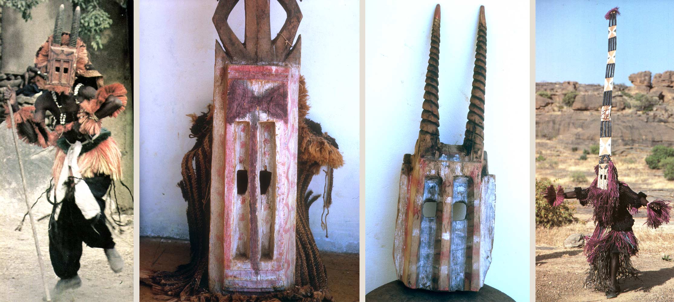 Fig. 5. Masques dogon. A gauche : masque wilu, antilope, à droite, masque Sirige, maison à étages. Collections de l’Ancien musée de l’Arboretum de Bamako 1962. Photo A. Gallay pour les deux masques..