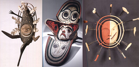 Masques Yup’ik (à gauche et à droite) et Kwakiutl (au centre). Descola 2010-2012, fig. 5, 11et 13.