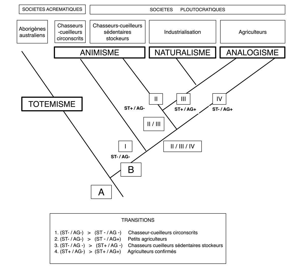 Fig.3. Insertion des ontologies retenues par Philiippe Descola dans un schéma cladistique des divers types de sociétés.