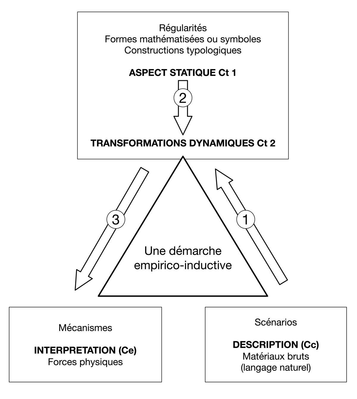 Fig. 4. Sens de la démarche interprétative de D’Arcy Thomson. On distingue une première approche purement descriptive/Cc), puis une phase interprétative permettant de distinguer des aspects statique et des transformations dynamiques (Ct). L’interprétation se situe au niveau des forces physiques responsables des formes observées (Ce). © Gallay.