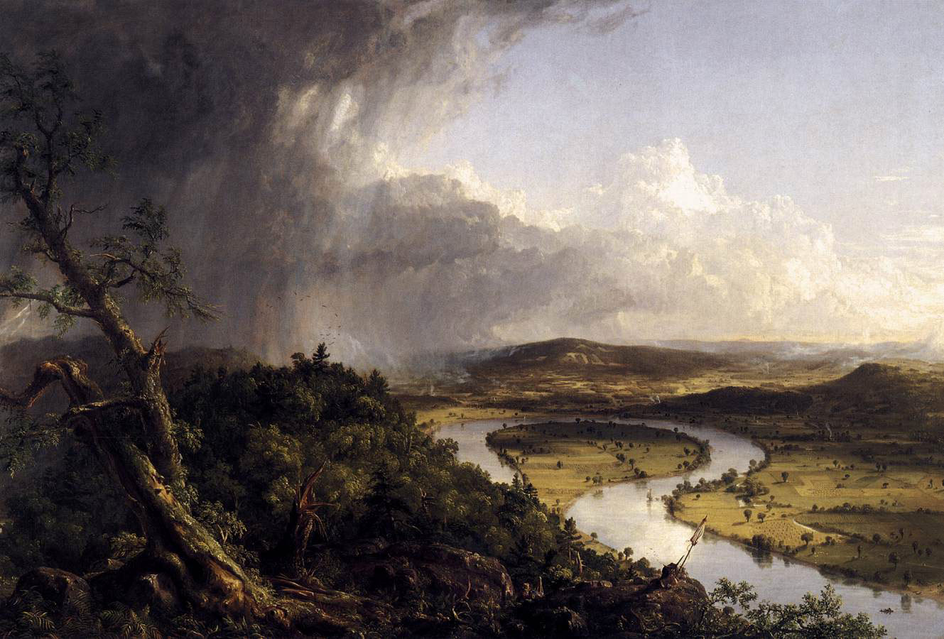 Thomas Cole, Le méandre 1836. Le peintre et son chevalet ainsi que son bagage posé sur un rocher apparaissent au premier plan. 