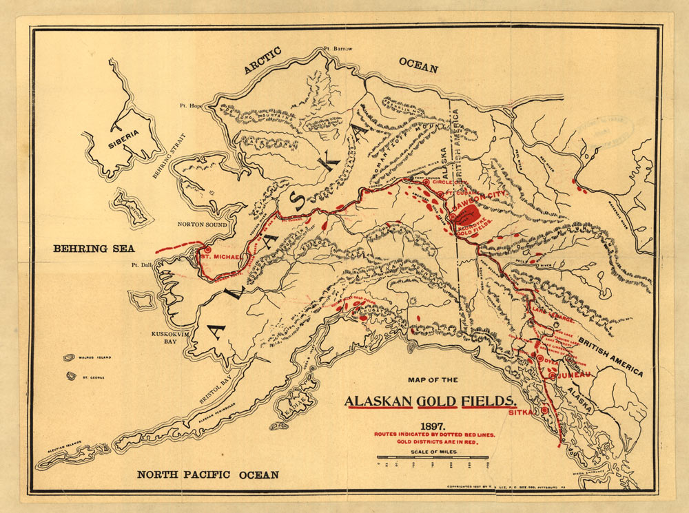 Fig. 9. Carte des zones aurifères d’Alaska. Le Klondike se trouve sur territoire canadien à la frontière de l’État d’Alaska (tache rouge). Les gisements d’or se prolongent à l’ouest le long de la vallée du Yukon.