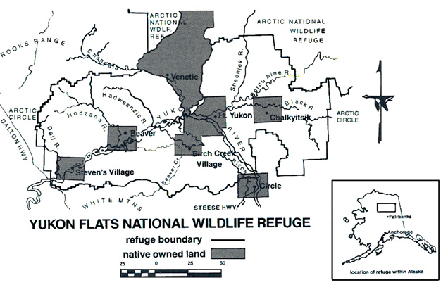 Fig. 14. Superposition des territoires attribués aux populations autochtones et réserve naturelle du National Yukon Flats National Wildlife Refuge dans la vallée du Yukon. https://www.researchgate.net/publication/227160059_Implications_of_Fire_Policy_on_Native_Land_Use_in_the_Yukon_Flats_Alaska/figures?lo=1