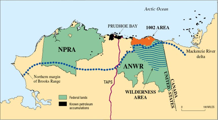 Fig. 23. Le contentieux de l’aire 1002, une région retirée par Donald Trump d’une zone de réserve de vie sauvage pour être livrée à la prospection pétrolière. https://www.instituteforenergyresearch.org/fossil-fuels/gas-and-oil/alaskas-northern-coastal-plain-npr-a-prudhoe-bay-and-anwr/