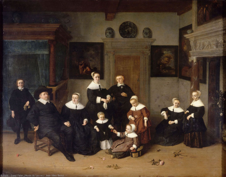 16. Peinture d’Adriaen van Ostade (1610-1680). Portrait de famille 1654. Musée du Louvre. Intérieur de la riche maison bourgeoise du peintre. Les encadrements de portes sont ornés, de belles faïences s'y accrochent et sur les murs, on voit de grands tableaux, probablement signés de lui. A droite, se dresse une cheminée à colonnes de marbre supportant une frise sculptée ; à gauche, dans le fond, s'aperçoit un vaste lit à baldaquin, garni de courtines en damas vert. Dans cette grande pièce, Adriaen Van Ostade s'est représenté avec tous les siens, grands et petits. Il est assis à gauche, en costume sombre, coiffé d'un large feutre. Il tient dans sa main celle de sa femme, robuste Hollandaise au bon visage souriant. A côté d'eux, debout, se tiennent deux femmes plus jeunes, sans doute les soeurs du peintre ou de sa femme. Puis, disséminés dans la chambre, ce sont les enfants de l'artiste : derrière lui se tient un garçonnet, son fils ; à droite, deux fillettes, qui semblent assez gauches dans leurs ajustements à grands plis et dans leurs collerettes empesées ; au centre, un groupe charmant des trois plus jeunes : l'une, assise à terre sur un coussin, joue avec une sœur à peine plus grande qu'elle, pendant que la troisième, une fleur dans la main droite, observe en riant les ébats des deux autres.