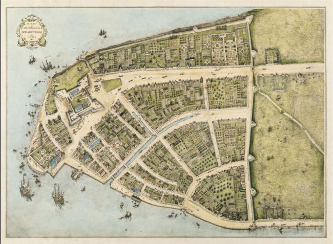 3. Plan de la Nouvelle Amsterdam sur l’île de Manhattan. En 1625, sous la menace grandissante d’une attaque provenant d’autres puissances coloniales, les dirigeants de la Compagnie néerlandaise des Indes occidentales décidèrent de protéger l’embouchure du fleuve Hudson, et de regrouper les activités des comptoirs commerciaux dans une enceinte fortifiée protégée par un fort. 