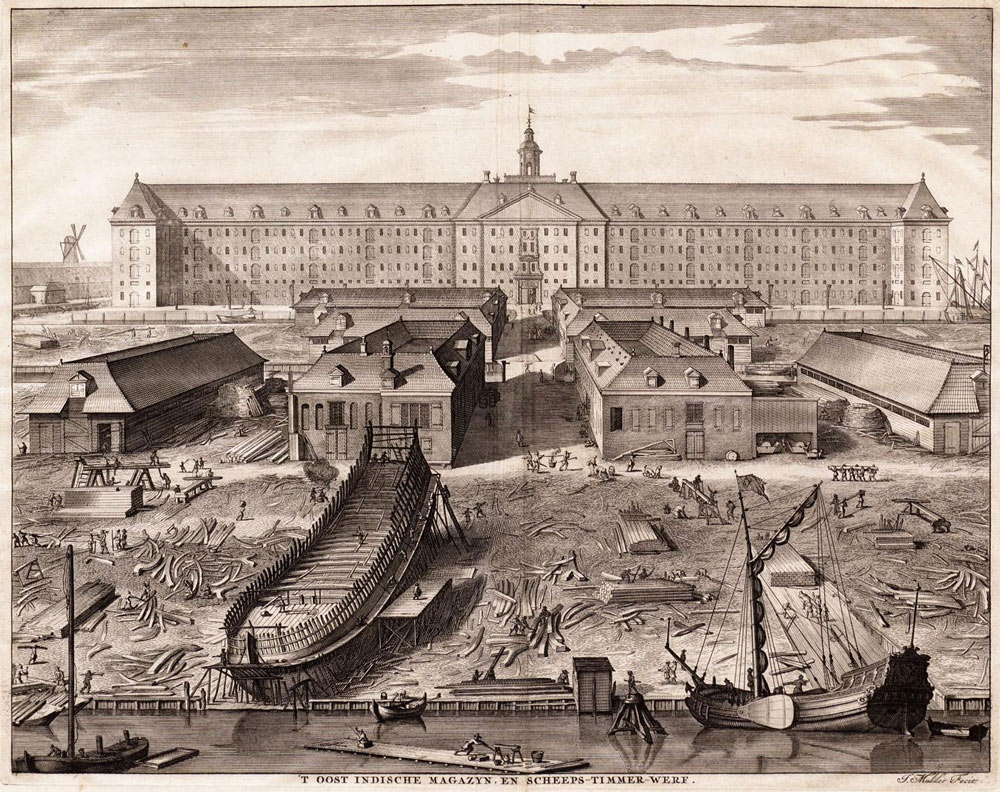 21. L’arsenal et le chantier naval de la VOC à Amsterdam vers 1650. Dans le sens premier du terme, un arsenal est un établissement militaire, qui peut être « royal » ou « national », un lieu où l'on construit, entretient, répare et préserve les navires de guerre et où leurs équipements et ravitaillement sont assurés.