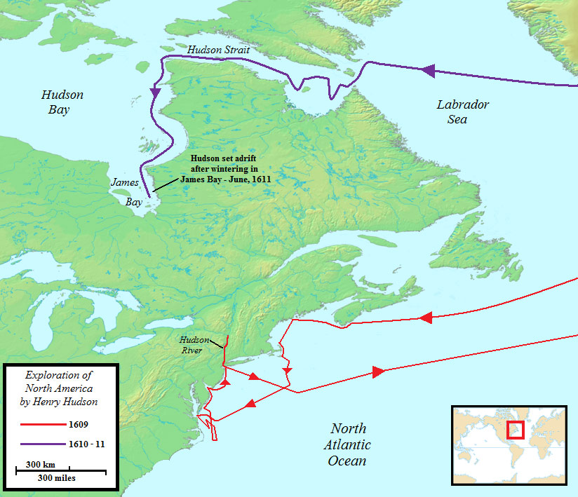 24. Exploration de l’Amérique du Nord par Henry Hudson 1609 à 1611. Henry Hudson, probablement né en 1665 à Londres, est un explorateur anglais. Il a donné son nom au fleuve Hudson, au détroit d’Hudson et la baie d’Hudson. Les États généraux revendiquèrent ultérieurement ce territoire comme la Nouvelle Néerland et y établirent la colonie de la Nouvelle Amsterdam. On pense que c'est Hudson, lui-même qui donna le nom de Staten Island («Staaten Eyslandt» en néerlandais) en honneur des États généraux.