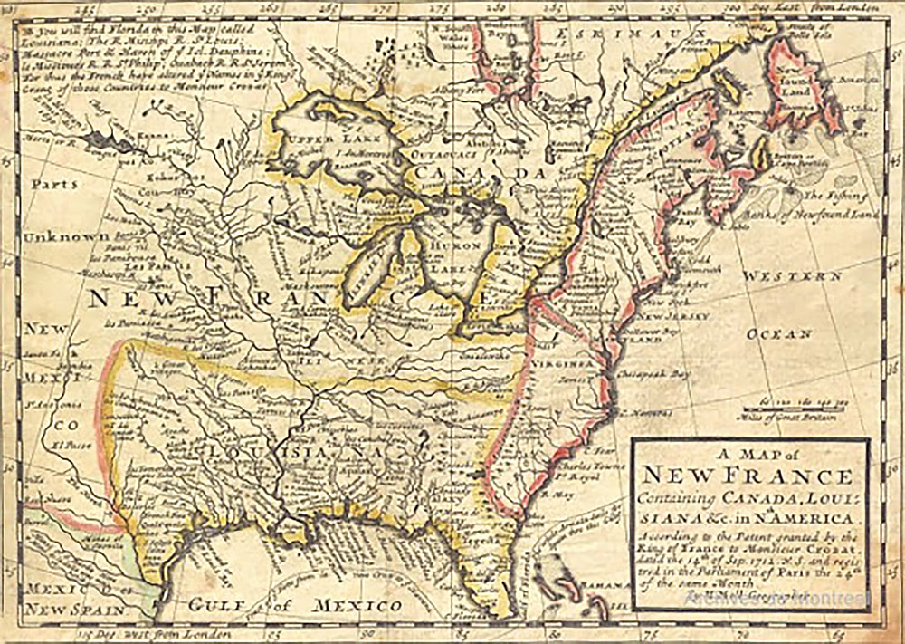 25. Carte de la Nouvelle France en 1712 regroupant, en jaune, le Canada et la Louisiane. En rose, possessions anglaises de la Nouvelle Angleterre (au sud) et anciennes possessions hollandaises de la Nouvelle-Néerland (au nord) cédées définitivement à L’Angleterre au traité de Westminster en 1674. Archives de la ville de Montréal. La Nouvelle Néerland (Nieuw-Nederland) désigne l'ensemble des villes et fortifications de cette colonie des Provinces Unies établie sur la côte est de l’Amérique du Nord. Les territoires réclamés étaient ceux de la péninsule de Delmarva jusqu'au sud de Cap Cod. Les régions où les établissements qui en firent partie font aujourd'hui partie des États Mid-Atlantic, de New York, de New Jersey, du Delaware, du Connecticut et de Pennsylvanie. La capitale de ces territoires était la Nouvelle Amsterdam.