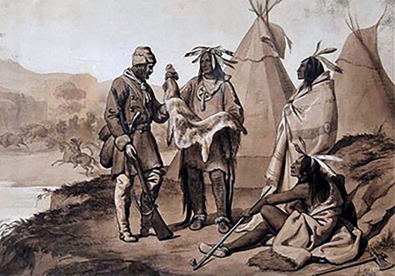 26. Lithographie du XIX e s. représentant un échange de fourrures de castors entre un trappeur à gauche tenant un fusil et des indiens, dont un assis au premier plan tenant un calumet. Une chasse aux bisons est représentée au second plan. Musée du Nouveau monde, La Rochelle.