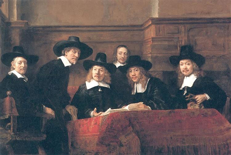 2. Peinture de Rembrandt 1662. Le syndic de la guide des drapiers d’Amsterdam. Cette toile représente six personnages en costume noir, portant chapeaux en poil de castor et fraises, qui vérifient les comptes de la corporation. C’est le temps où les riches marchands des Guildes, les syndics d’artisans, les milices urbaines se font « tirer le portrait » en groupe pour accrocher les tableaux aux murs de la salle dans laquelle ils se réunissent afin de passer à la postérité et que celle-ci reconnaisse leur gloire. Rijksmuseum, Amsterdam.