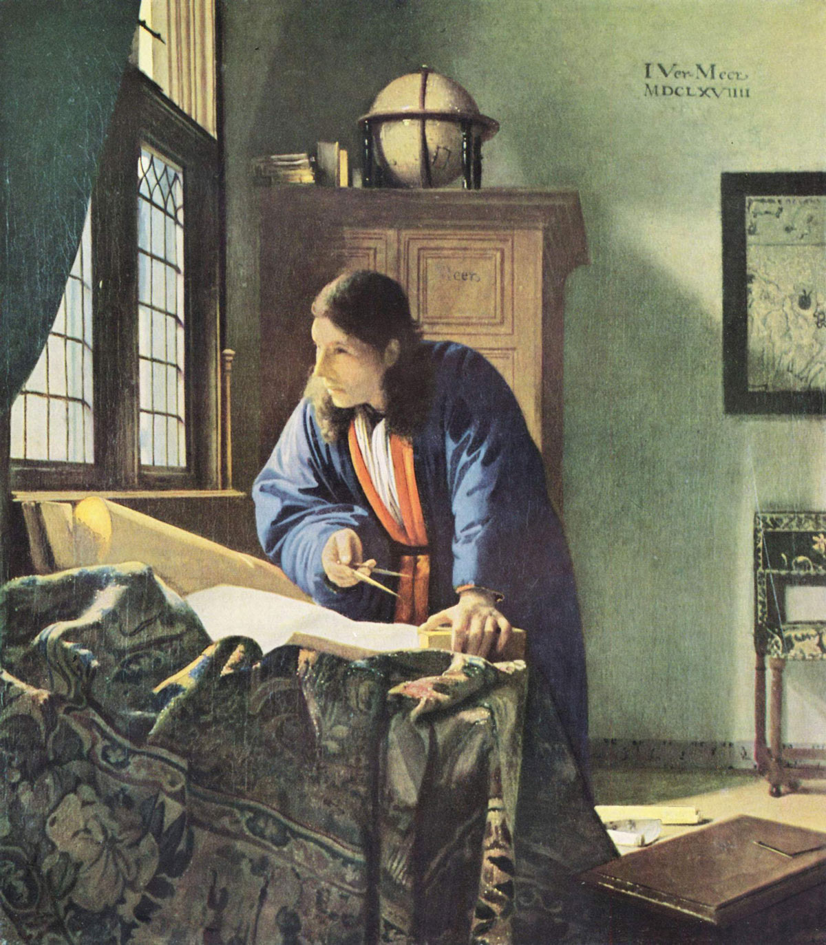 6. Peinture de Vermeer : le géographe vers 1668-1869. Sur l'armoire figure un globe terrestre — tourné vers l'océan Indien —, réalisé par le savant Jodocus Hondius. Autre objet, le compas, dans les mains du géographe, qui lève la tête vers la lumière alors qu'il était en train de prendre des mesures sur la carte disposée devant lui. Musée Städel. Collection Demidoff.