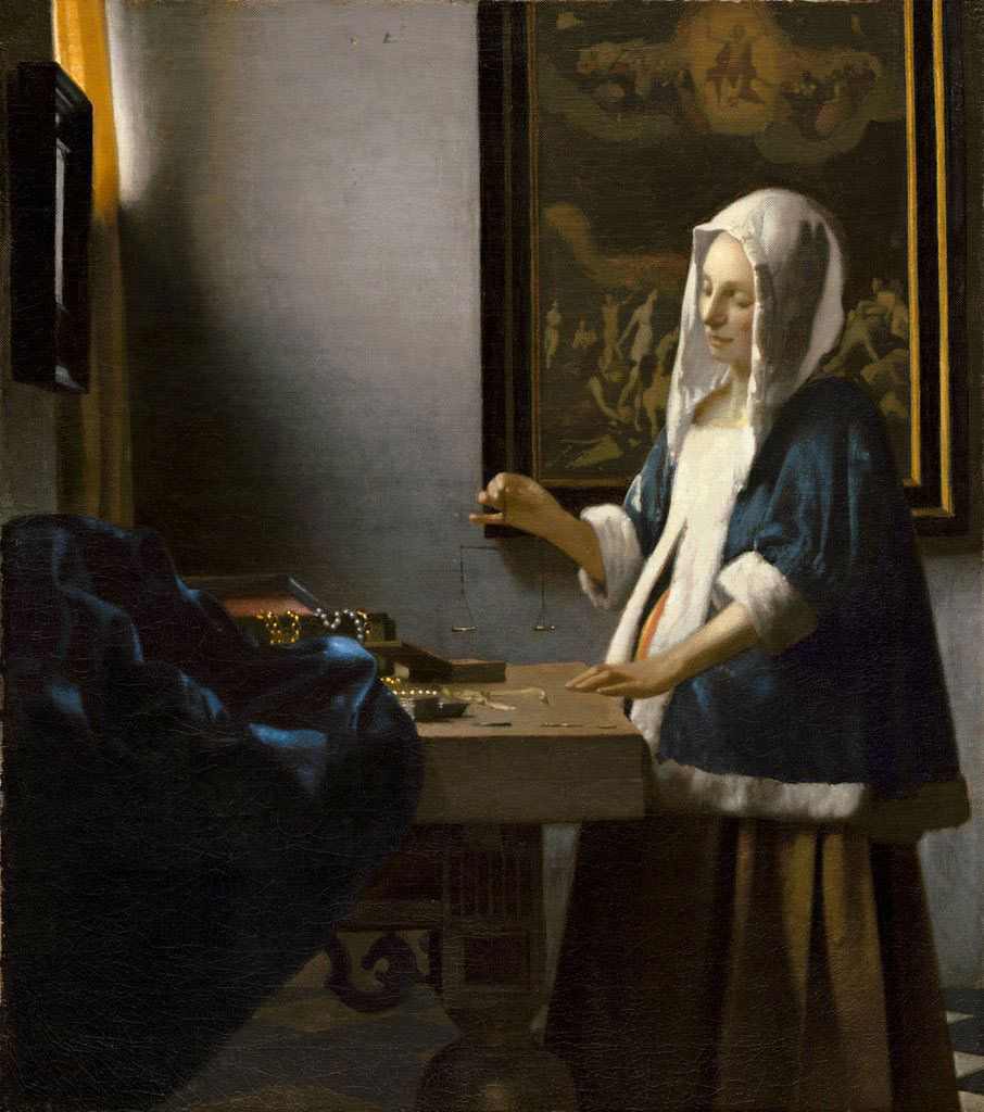 9. Peinture de Vermeer. La femme à la balance entre 1662-1665. Le tableau accroché au fond de la pièce fournit peut-être une clé de lecture essentielle à la scène. Il figure un Jugement dernier, iconographie eschatologique qui évoque la pesée des âmes et confère une dimension spirituelle à cette scène de la vie quotidienne. Cet instant précède le moment où la femme posera sur la balance les colliers de perles et les pièces disposés sur la table. Signes extérieurs de richesse, ces bijoux renvoient au boom économique dont jouissent alors les Pays-Bas du Nord. Ils sont ici les attributs distinctifs de la bourgeoisie hollandaise, calfeutrée dans un intérieur empli d’objets de valeur. Ceux-ci renvoient toutefois à une dimension éthique : lors du Jugement dernier, ils ne pèseront rien dans la balance ! Washington, National Gallery Commerce de l’argent