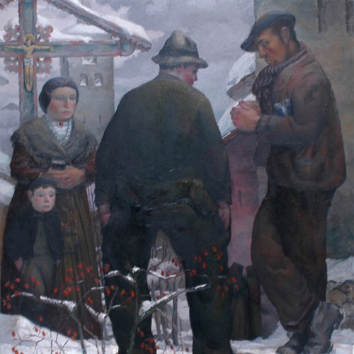 Au sortir de l'église. Tarentaise 1938. Peinture Robert Gallay