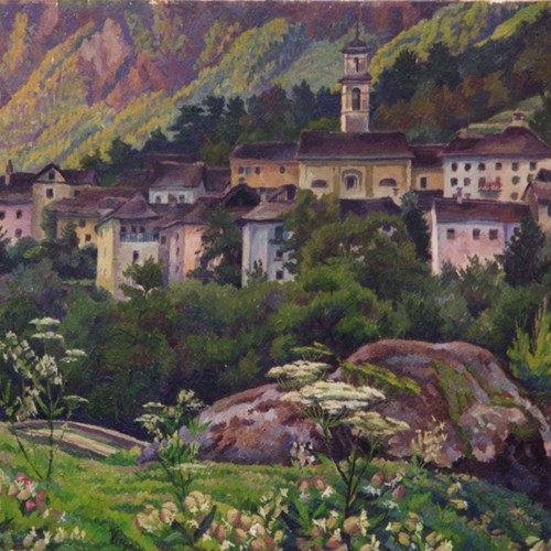 Le village de Prato, val Maggia, au Tessin, notre base de vacances et de rêve. Peinture Robert Gallay